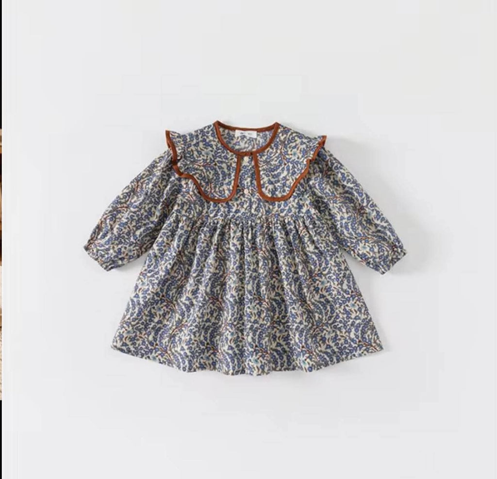 Robe pour filles coton doux bleu foncé col brun – Kali